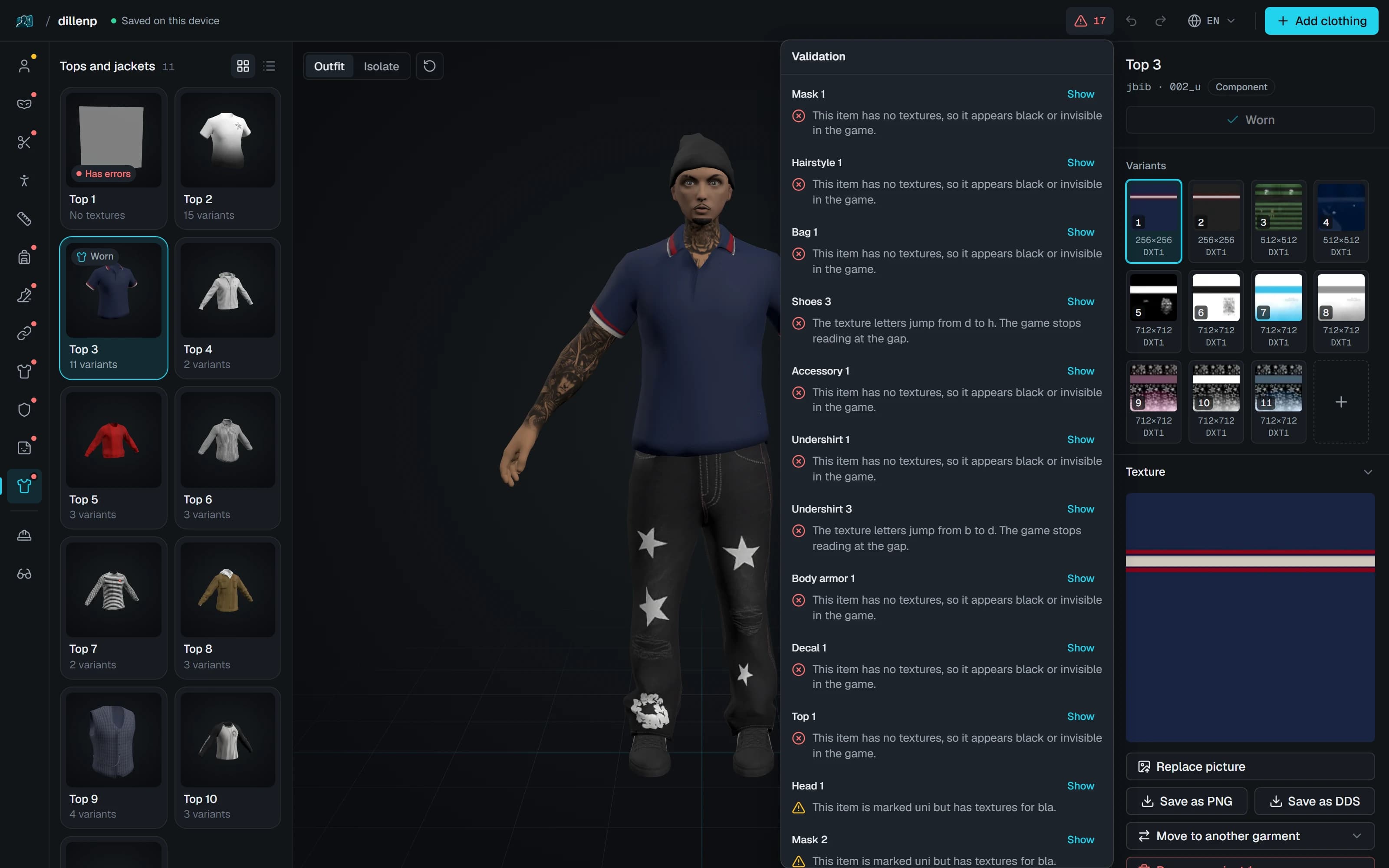 The validation list open beside the ped. Each problem names the garment, like Mask 1 or Shoes 3, says in one sentence what is wrong, and has a Show button.